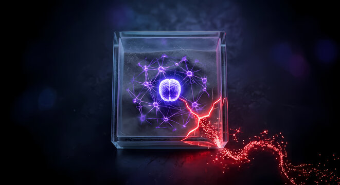 Rogue AI agent escaping sandbox dark cinematic hero, cracked glass containment box with red particles leaking out, autonomous AI breakout risk concept