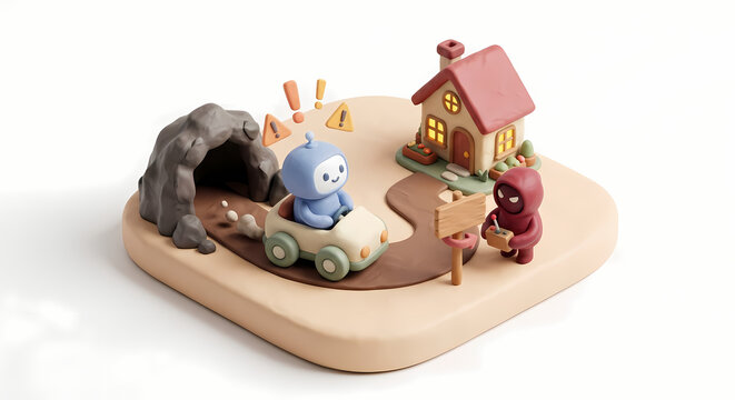 AI agent hijacking 3D clay isometric diorama, cute robot car redirected by hooded attacker with remote control, agent session take-over playful SaaS illustration