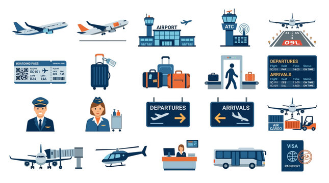 Airport and travel icons, including airplanes, airport building, ATC tower, boarding pass, luggage, and airport staff.