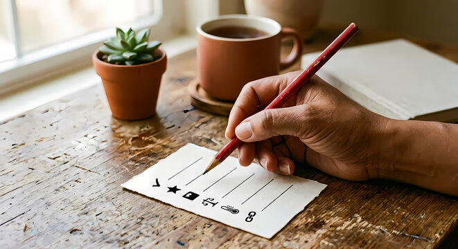 Human rubric-based grading editorial, woman hand holding red pencil over rubric card with icons, warm human-in-the-loop LLM quality review lifestyle photo