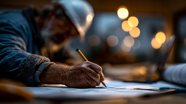 Professional architect wearing a hard hat working on construction blueprints at night