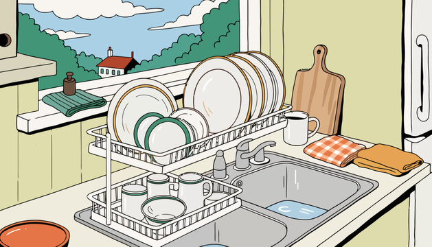 Cartoon illustration of kitchen sink with drying rack and clean plates interior domestic utensils preparation lifestyle illustration residential chopping background equipment household