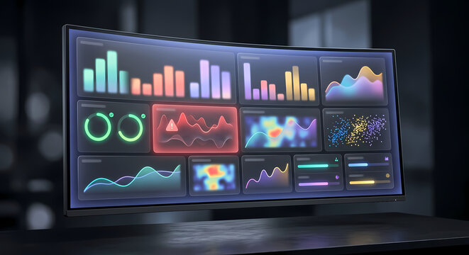 Dark mode LLM evaluation monitoring dashboard on curved ultrawide monitor, AI quality metrics charts with red alert anomaly, SaaS observability product hero