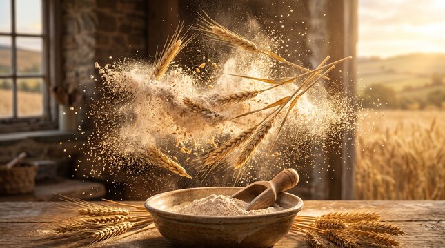 Whole wheat flour explosion with wheat stalks and golden fields in background