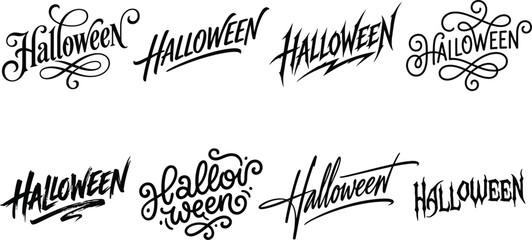 Set of creative halloween black typography design elements featuring various calligraphic lettering styles presented in a minimalist high contrast dark ink silhouette © Zebu