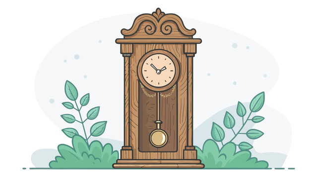 Vintage wooden grandfather clock surrounded by greenery with grandfather pendulum interior furniture illustration classical traditional measurement timepiece lifestyle backdrop ornament