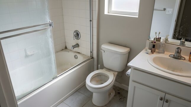 Dirty small bathroom with stained toilet, tub, and sink vanity