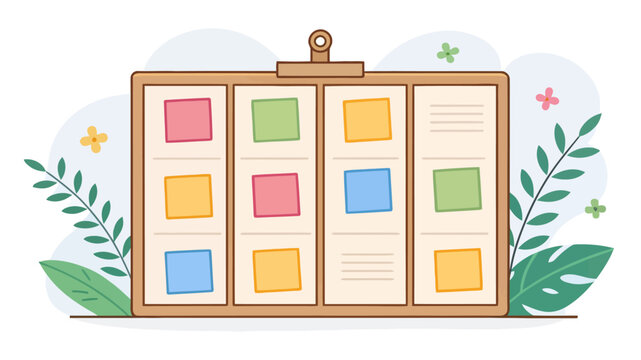 Organized office pinboard with colorful sticky notes and botanical elements office supply pinboard organization planning stationery colorful reminder creative strategy workspace business