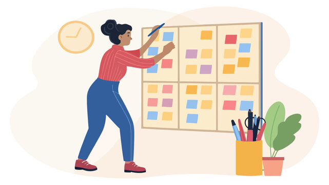 Businesswoman planning project on large wall pinboard with sticky notes office worker business planning pinboard strategy professional management productivity employee corporate organizing