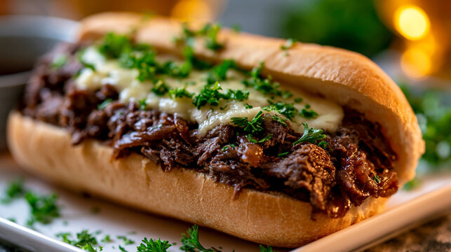 Gourmet roast beef sub sandwich with melted provolone and fresh parsley garnish, sandwich