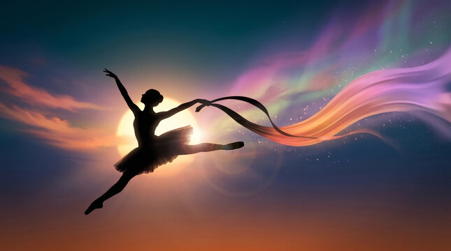 Silhouette of a leaping ballerina with a magical glowing ribbon against a sunset sky