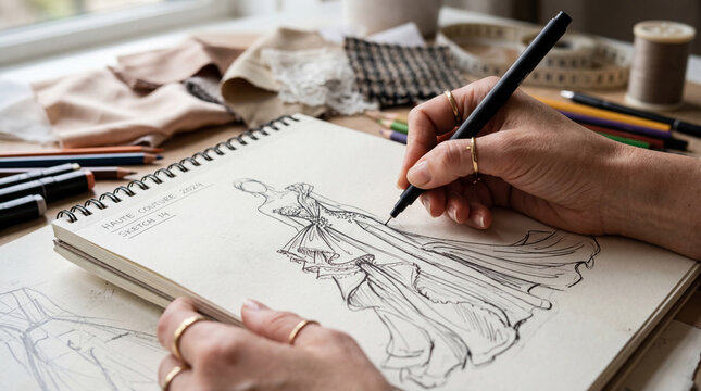 Fashion designer drawing a haute couture dress sketch in a sketchbook on a studio table with fabric samples and sewing tools