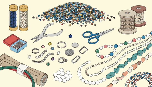 Beadwork and jewelry making craft supplies collection with supplies creative handmade scissors accessories needlework material collection colorful gemstones creation decoration production