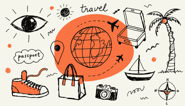 Doodle collection of travel related icons and items with palm tree tourism icons vacation planning travel stuff summer vacation travel set trip planning adventure icons globe travel vacation