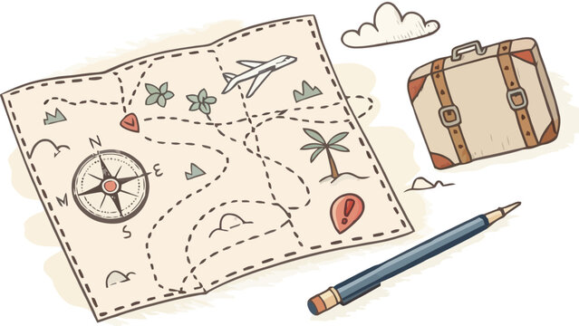 Travel planning illustration with paper map compass luggage and fountain pen hand drawn vacation navigation adventure planning destination suitcase illustration exploration backpacking