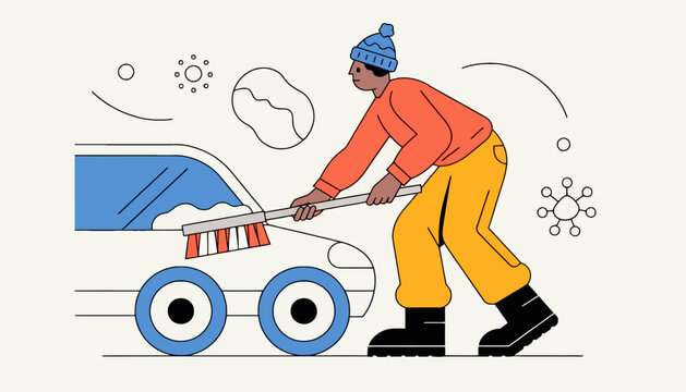 Person brushing snow off a car windshield during winter with cleaning windshield seasonal maintenance transport automobile snowfall clearance preparation illustration environment
