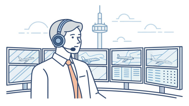 Air traffic controller professional work in airport tower with controller aviation monitors navigation professional operator technology communication logistics aircraft transport management