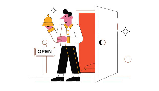 Hotel receptionist holding service bell by open door with receptionist concierge hospitality reception customer business professional assistance attention communication facility creative