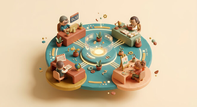 Isometric 3D clay circular platform with four workstations around a glowing central hub, multi-agent AI orchestration diorama