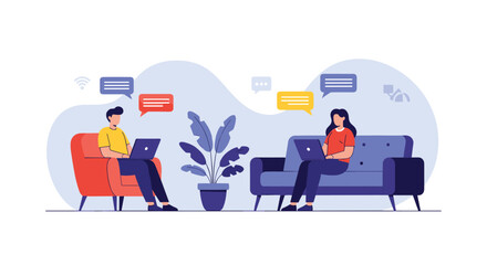 Fototapeta premium Young man and woman working remotely on their laptops in a cozy living room with colorful digital chat bubbles.