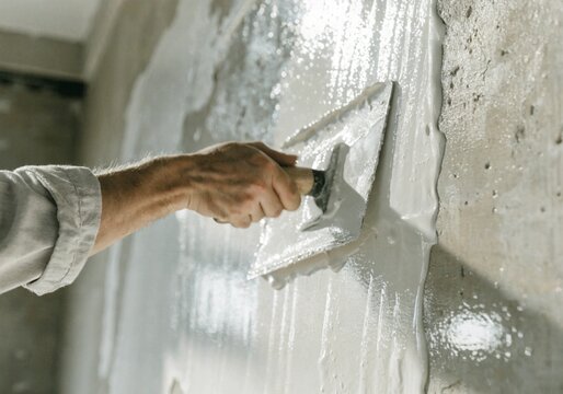 Worker applying white plaster primer or adhesive to a concrete wall using a trowel during interior renovation and construction work