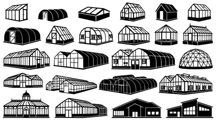 Greenhouse and Glasshouse Architecture Silhouette Icon Set with Commercial Nursery Tunnel and Geodesic Dome Symbols for Agriculture Graphic Designs © Md Sakib