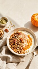 Fototapeta premium Bowl of yogurt topped with granola, pumpkin puree, pecans, and pumpkin seeds, accompanied by a small pumpkin and a spoon on a light-colored table