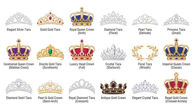 Collection of various royal crowns and elegant tiaras with intricate designs isolated on white background