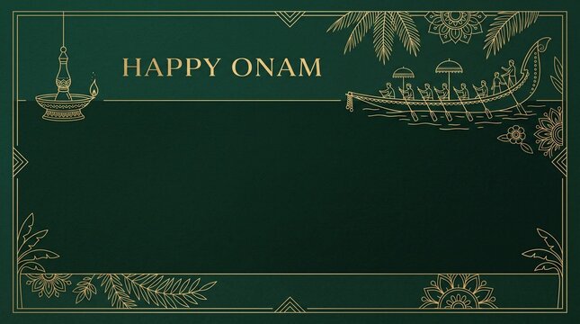 Golden line art line drawings of snake boat and oil lamp on dark green background with text happy onam, creative festive banner, elegant festival design.