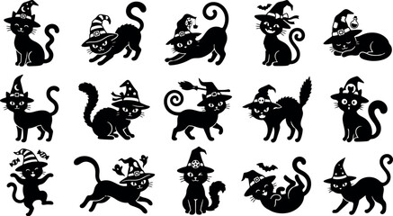 Fototapeta premium Halloween black cat bundle icon set collection featuring various cute feline silhouettes wearing witch hats for festive holiday designs