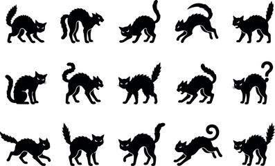 Fototapeta premium Halloween black cat bundle icon set collection featuring various silhouettes of spooky feline characters in different aggressive poses