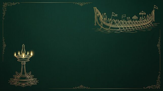 Golden traditional oil lamp with snake boat line art on dark green background, indian festival greeting banner, background, copy space.