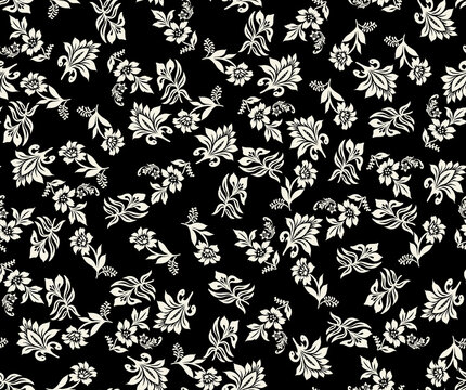 Black background with abstract floral white Jacobean seamless floral pattern