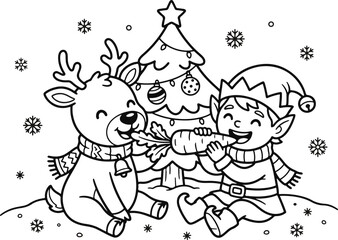 Fototapeta premium Cute christmas coloring page featuring a happy elf and a friendly reindeer eating a carrot by the tree