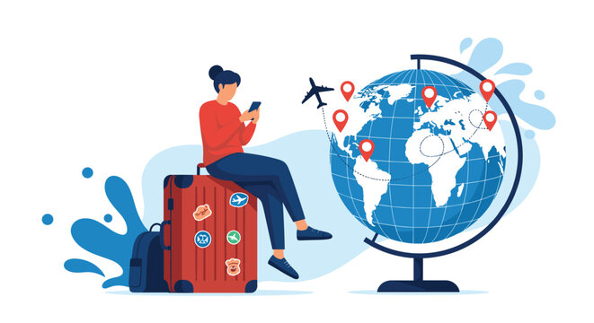 Young happy woman sitting on red suitcase and using smartphone to plan global travel route on giant globe model.