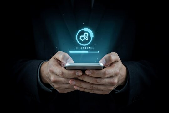 Businessman holding a mobile phone with a digital software update loading bar hologram display