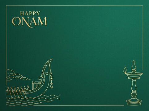 Happy Onam greeting template with golden line art of snake boat and lamp on dark green background, indian festival banner, background template.