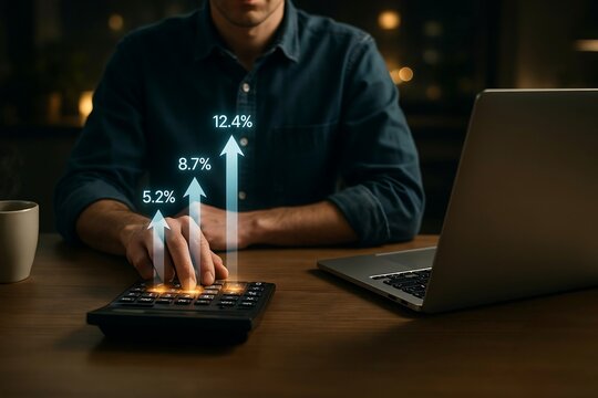 Financial analyst using calculator with holographic growth arrows showing increasing profit margins