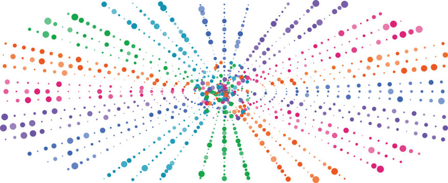 Colorful dots radiating from a central point creating an abstract explosion pattern against white background