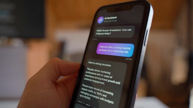 Smartphone screen showing AI assistant helping write resume in chat close-up 