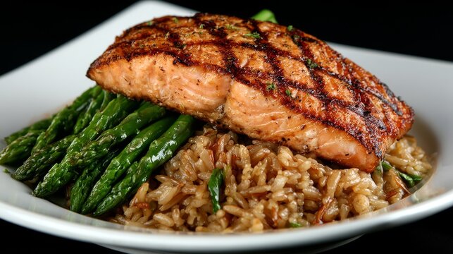 Grilled salmon fillet served on bed of rice with asparagus, gourmet dish for fine dining, healthy meal option, colorful food presentation, culinary delight