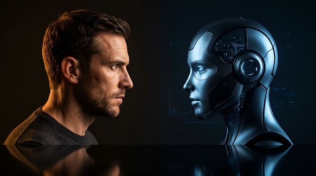 Man and robot head profile facing each other representing artificial intelligence.