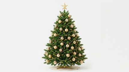 Fototapeta premium Beautiful green christmas tree decorated with shiny gold ornaments and a glowing star topper for the holiday festive season