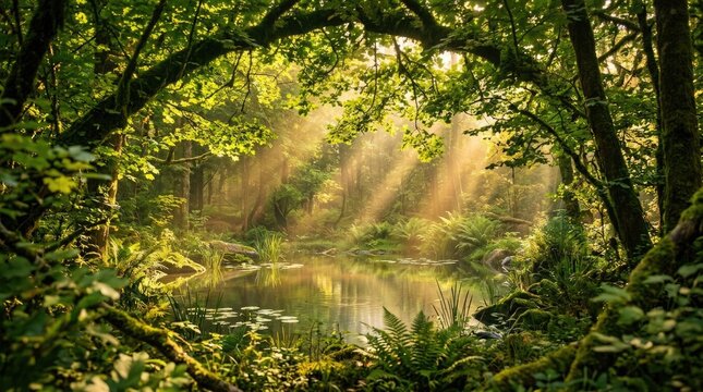 Golden sunbeams shining over peaceful forest pond surrounded by lush green trees and wild vegetation in nature