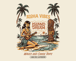 Vintage Hawaiian hula girl illustration with tiki statue and ukulele. Retro island dream tropical beach poster. Mid-century summer vacation art. © DandiPdn