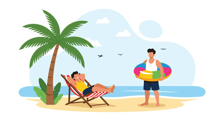 Fototapeta premium Two young male friends enjoying their relaxing summer vacation on a tropical sandy beach with palm tree and swim ring.