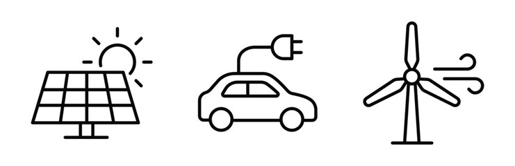 Set of icons representing sustainable energy and transportation, including a solar panel, an electric vehicle, and a wind turbine © Rashida