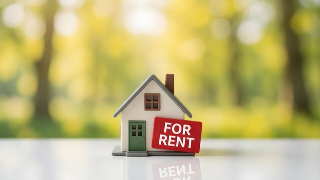 Mini 3D house model with red for rent sign against blurred green outdoor background