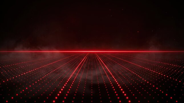 Abstract digital landscape with red glowing dots and light trails across a dark futuristic tech background, abstract