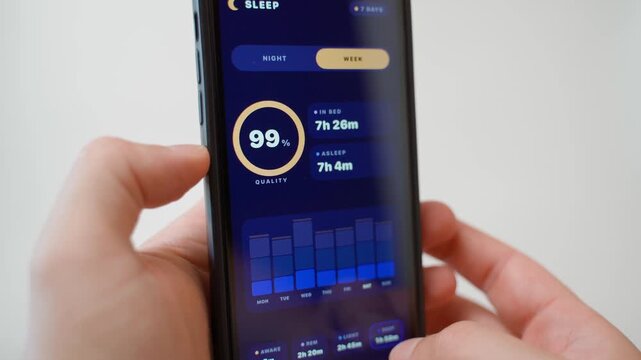 Hands holding smartphone showing sleep tracking app with quality score and statistics 